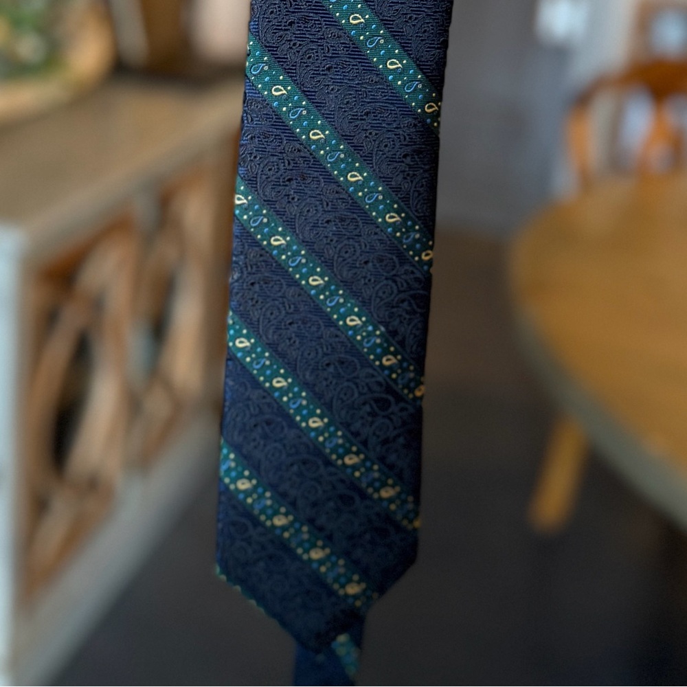 Robert Talbott Navy Tie Teal Diagonal Stripes Gold & Blue Paisleys Hand Sewn USA